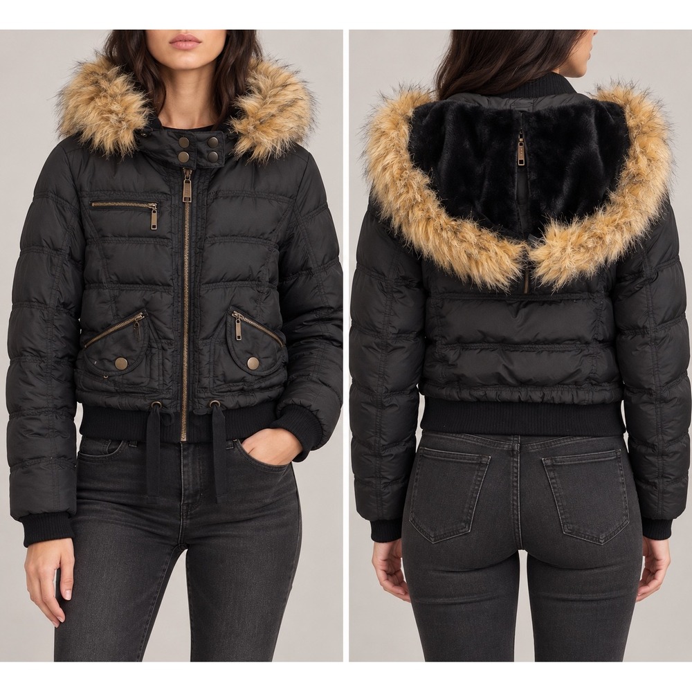 M 161 Mixit Black Cropped Down Puffer Jacket Faux Fur Trim Hood Y2K Winter Zip